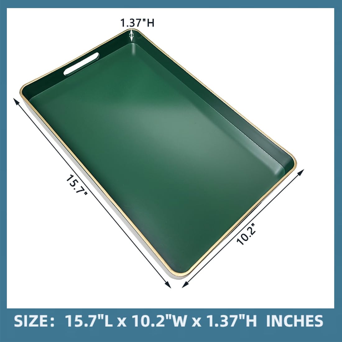 UOEKCS Rectangular Decorative Tray, Plastic Serving Trays with Handles, Coffee Table Tray for Ottoman, Living Room, Kitchen, Home Decor 15.7” x 10.2” x1.37”(Green)