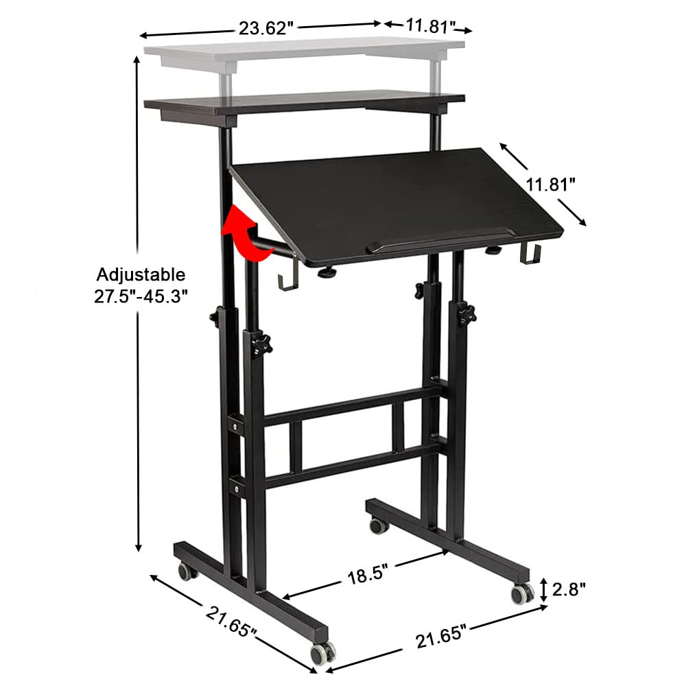 SIDUCAL Mobile Standing Desk, Portable Stand Up, Small Adjustable Converter with Wheels Home Office Workstation, Rolling Desk Laptop Cart for Standing or Sitting, Black