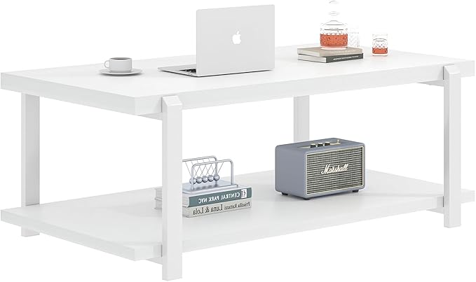 FOLUBAN White Coffee Table, Modern Rustic Wood and Metal Center Table