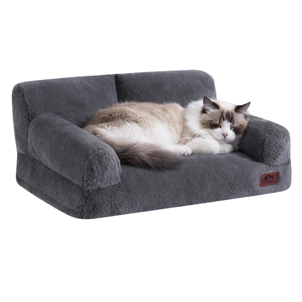 Hollypet Fluffy Dog Cat Bed Pet Couch Beds Plush Soft Warming Machine Washable Puppy Bed with Non-Slip Bottom for Cats and Small Medium Dogs up to 25 lbs, Gray, 24" L x 18" W x 10" Th