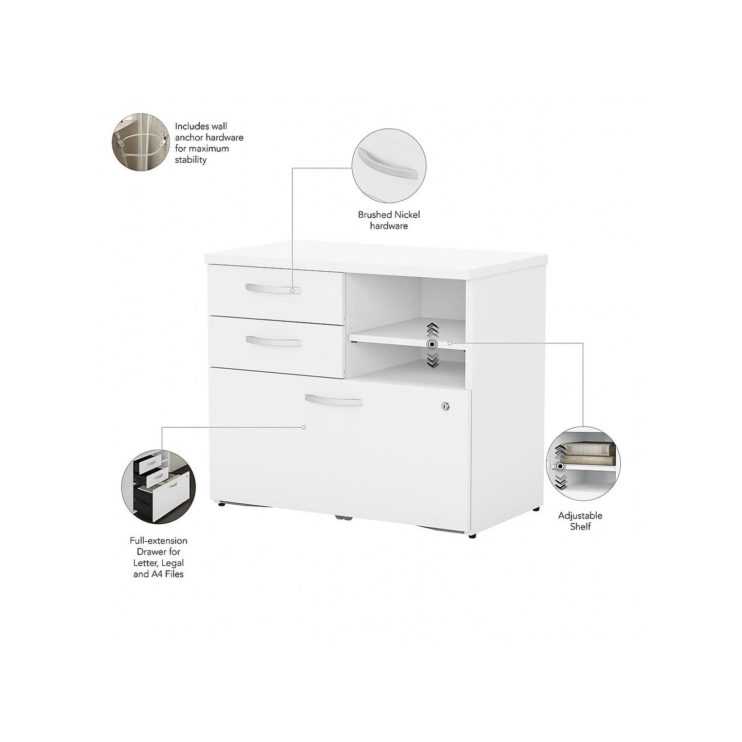 Bush Business Furniture Studio C Office Storage Cabinet with Drawers and Shelves in White