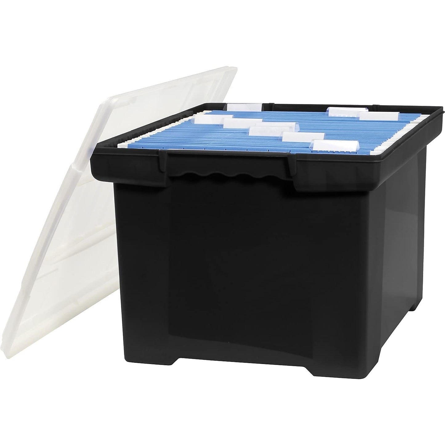 Storex Plastic File Tote Storage Box with Snap-On Lid, Letter/Legal Size, Black/Silver (61528U01C)