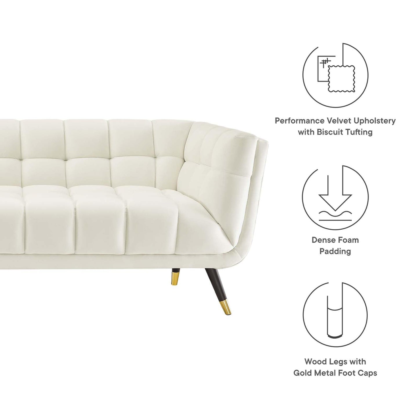 Modway Adept Contemporary Mid-Century Modern Performance Velvet Upholstered Tufted Sofa in Ivory