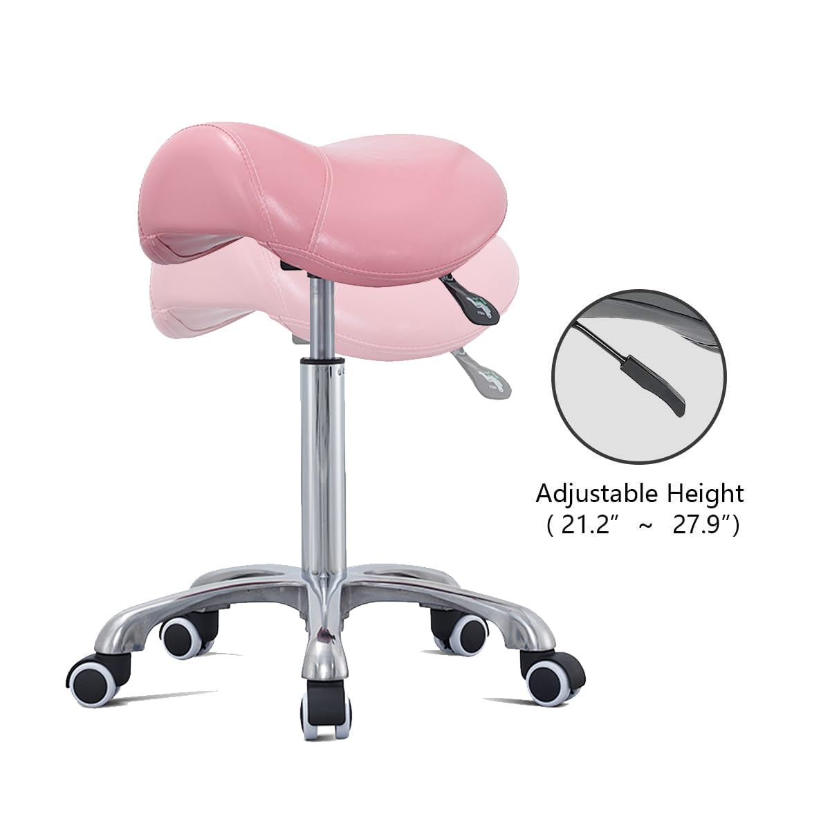 Antlu Saddle Stool Rolling Chair for Massage Clinic Spa Salon Cutting, Saddle Rolling Stool with Wheels Adjustable Height (Pink)
