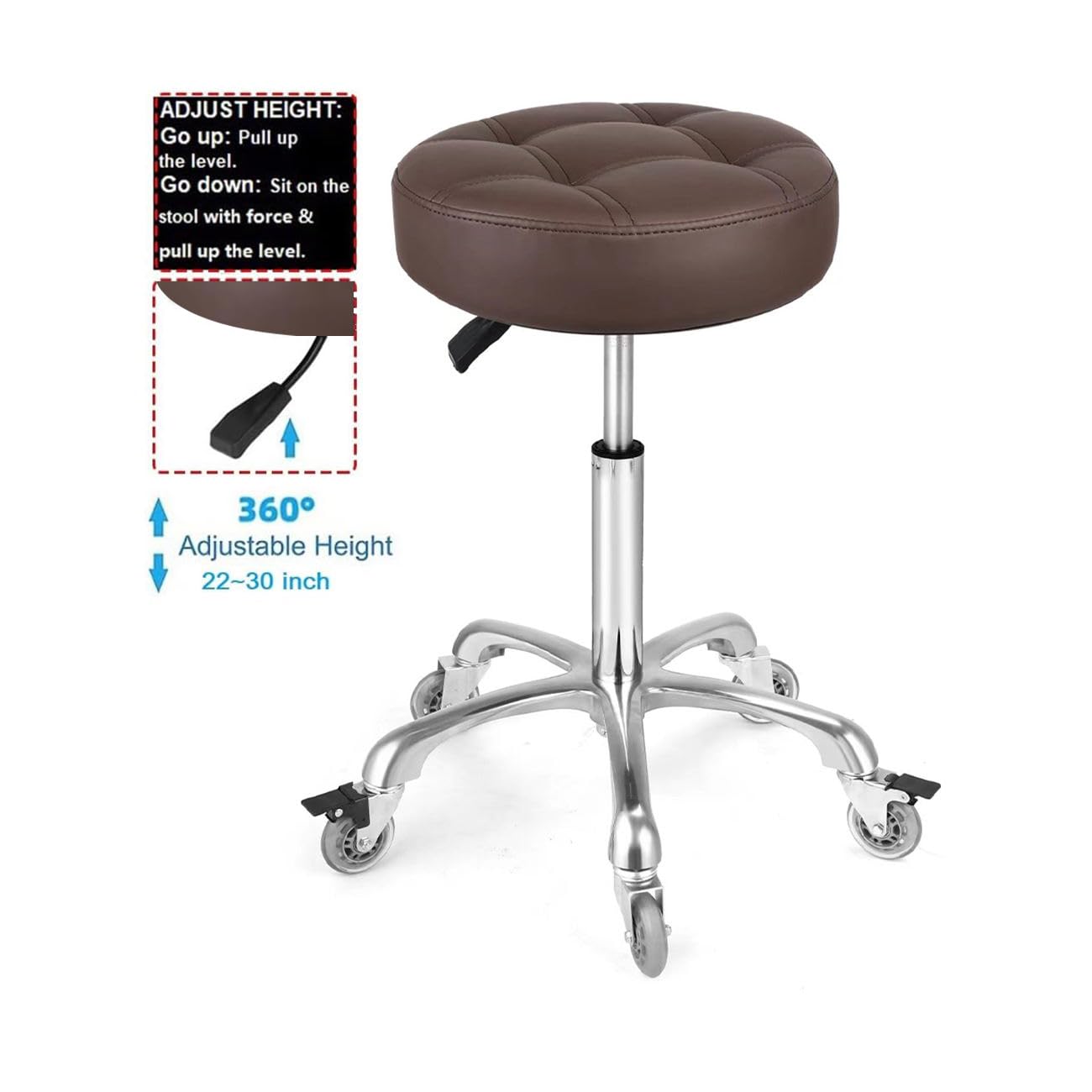 McDooFly Adjustable Heavy Duty Stool - Rolling Stools with Locking Caster Wheels - Swivel Stools Backless Chair for Home Kitchen Office Shop Tattoo Lash Tech Pedicure (Brown, Height 22 to 30 in)