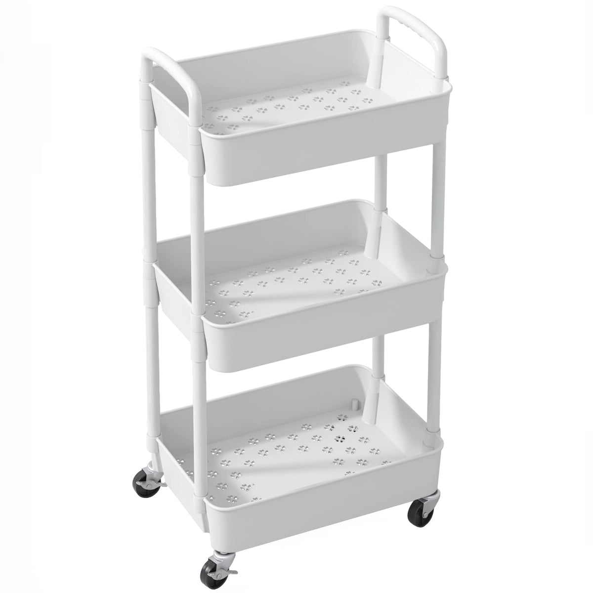 Sywhitta 3-Tier Plastic Rolling Utility Cart with Handle, Multi-Functional Storage Trolley for Office, Living Room, Kitchen, Movable Storage Organizer with Wheels, White
