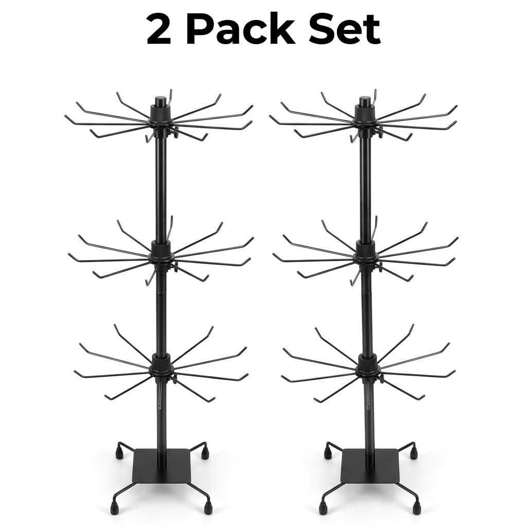 QWORK 3-Tier Rotating Metal Jewelry Display Stand – 2 Sets Adjustable Tabletop Holder for Necklace, Earring & Key Ring