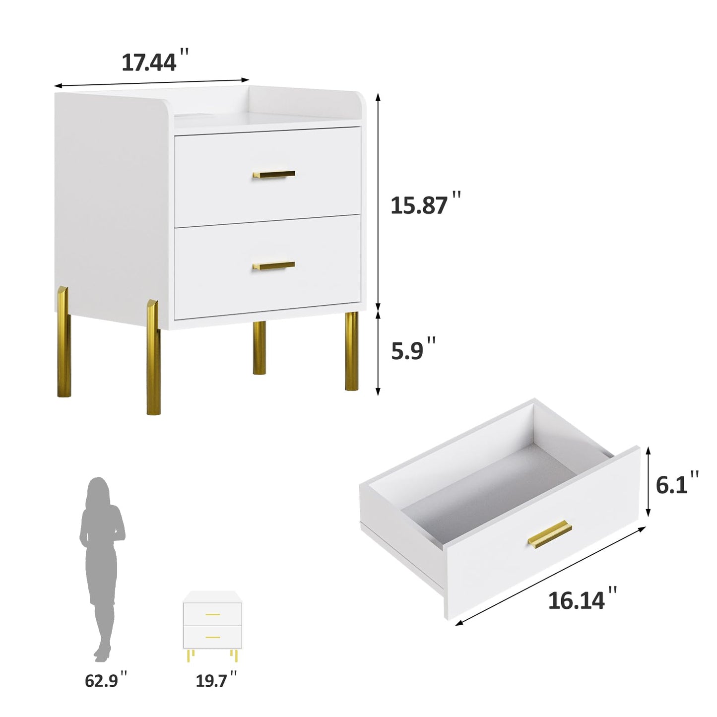 Vabches Nightstand Set of 2 with Built-in Charging Station, White Mid Century Modern Nightstand for Bedroom, Stylish End Tables for Lamps, Books