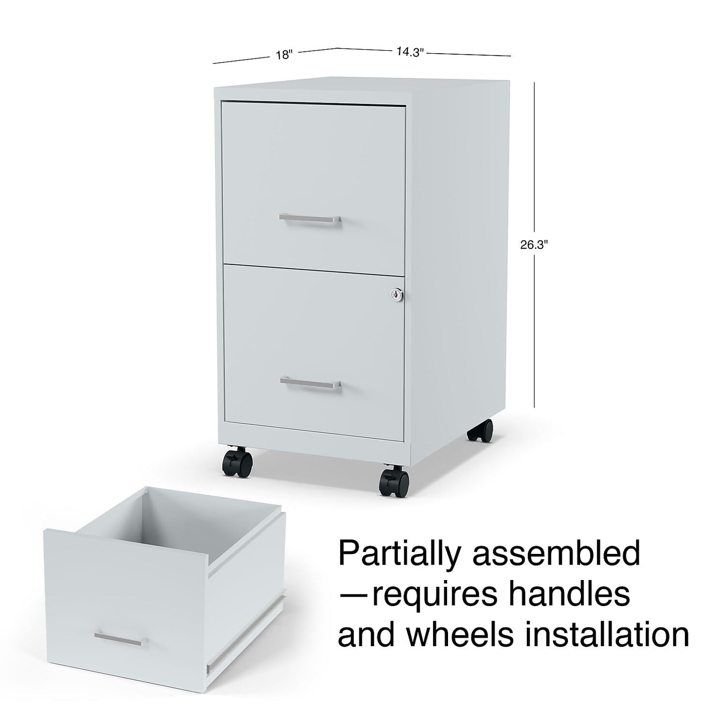 Staples 2-Drawer Vertical File Cabinet, Letter Size Documents, Lockable & Mobile, 18" D x 14" W x 26.3" H, Gray