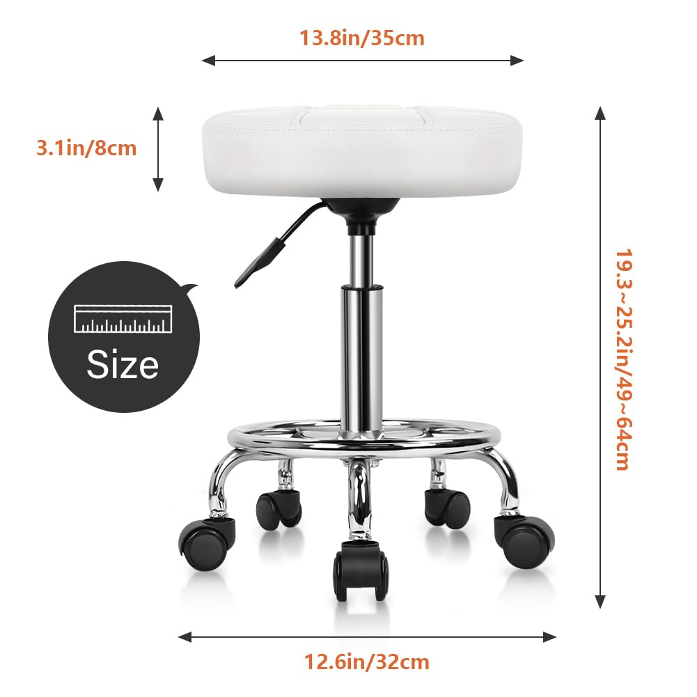 KKTONER Round Rolling Stool Chair PU Leather Height Adjustable Swivel Drafting Work SPA Shop Medical Salon Stools with Wheels Office Chair Small (White)