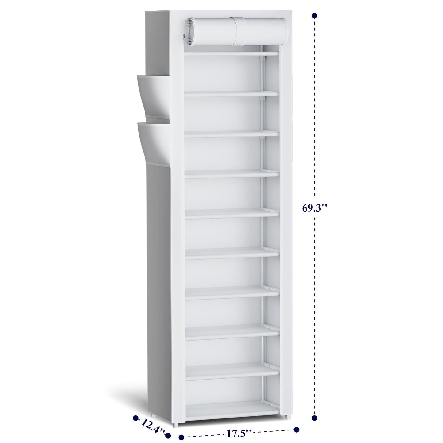 Kitsure Shoe Rack - 10-Tier Large Capacity Shoe Organizer Shelf with Dust Cover & Side Pockets, Rust-Proof Metal Shoe Rack for Closet, Entrance, Living Room, 17.5" x 12.4" x 69.3", White