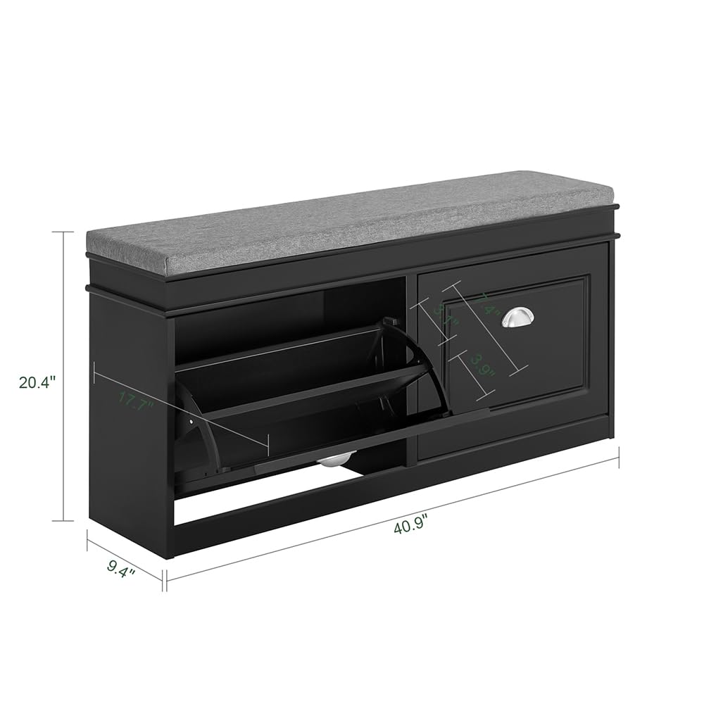 Haotian Black Storage Shoe Bench with 2 Flip Drawers, Hidden Shoe Bench, Free Standing Shoe Rack, Shoe Cabinet, Hallway Storage Bench with Seat Cushion FSR64-SCH