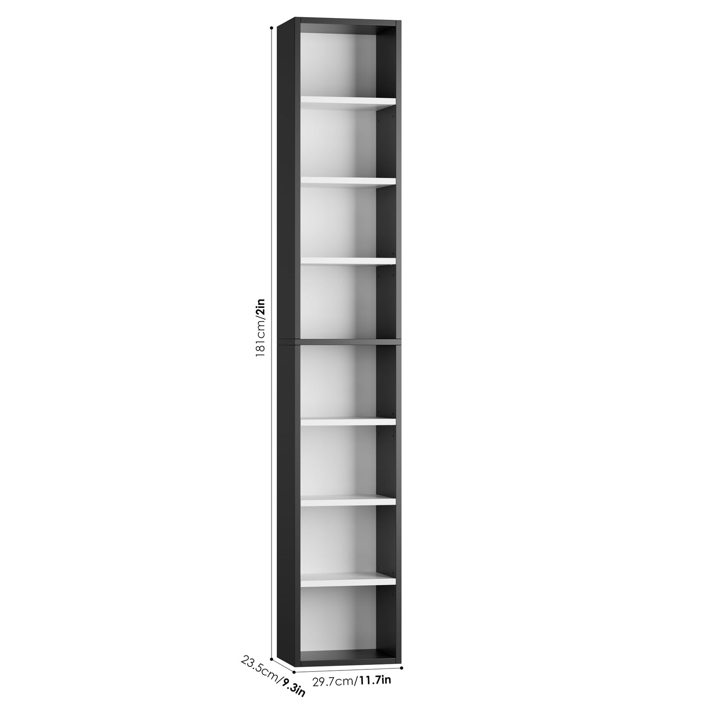 FOTOSOK 8-Tier Media Tower Rack, 11.6 X 9.3 X 71 Inches CD DVD Slim Storage Cabinet with Adjustable Shelves, Tall Narrow Bookcase Display Bookshelf for Home Office, Black/White