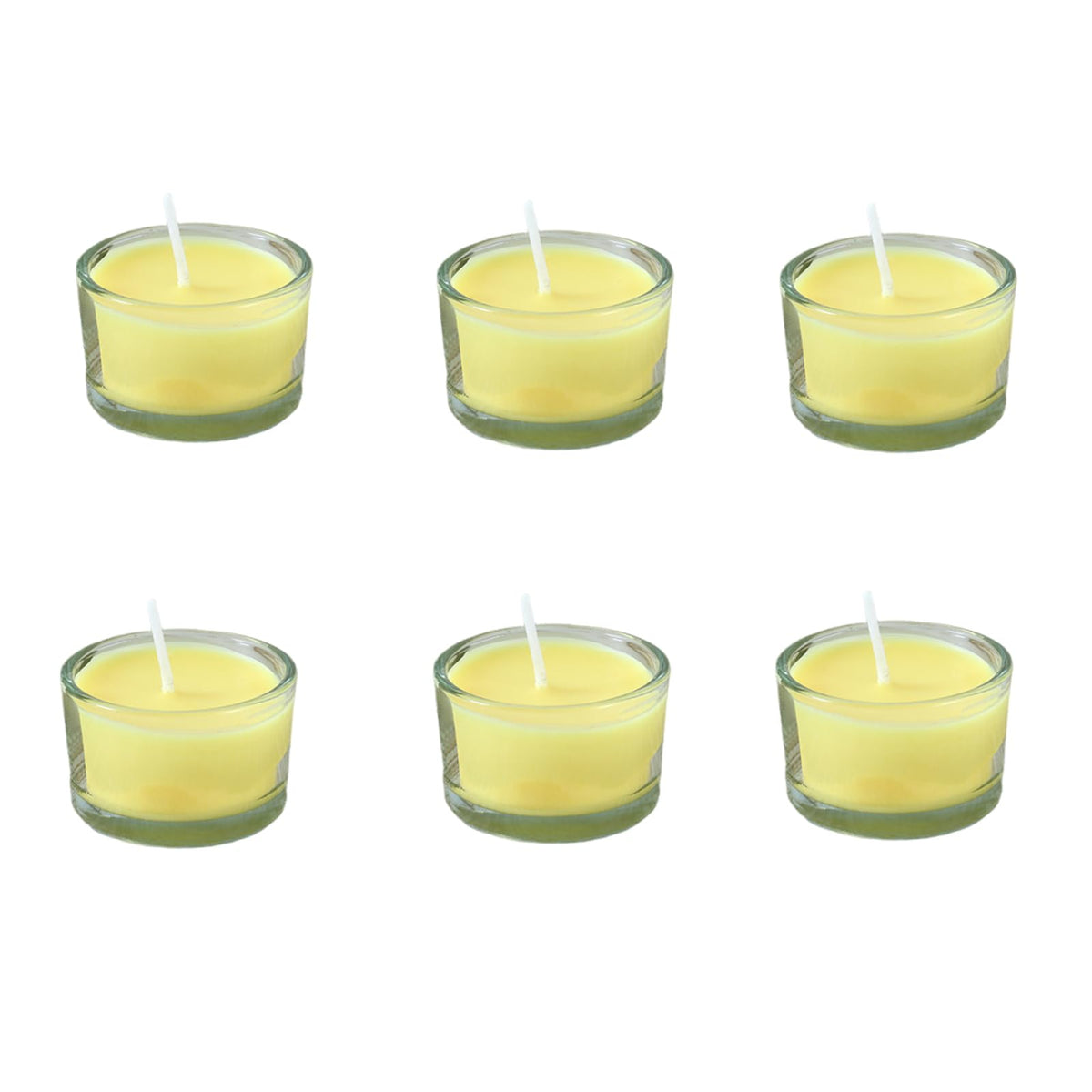 7–8 Hour Long-Burning Scented Tea Lights (6-Pack) — Assorted Scented Candles in Glass Cups | Smokeless & Aromatic — Ideal for Home, Weddings, Parties, and Gifting (Yellow)
