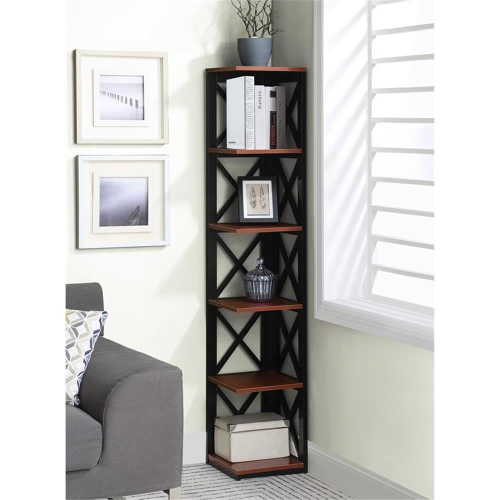 Convenience Concepts Oxford Corner Bookcase 12" - 5-Tier Slim Farmhouse Bookcase for Modern Living & Family Room, Media Storage Organizer for Home Office Library, Tall Shelving Unit, Cherry/Black