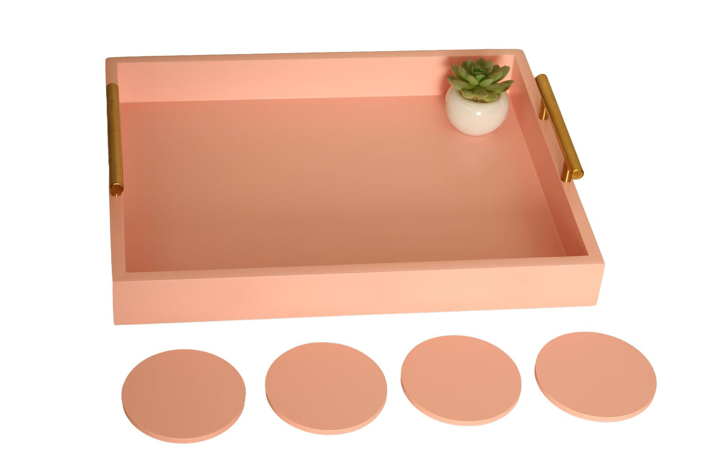 Juleduo Serving Tray 16.5“X 13“ Deluxe Wooden Ottoman Tray, Food Tray for Eating, Dinner Trays for Eating on Couch Coffee Table with Polished Gold Metal Handles-4 Round Coasters Included（Pink）