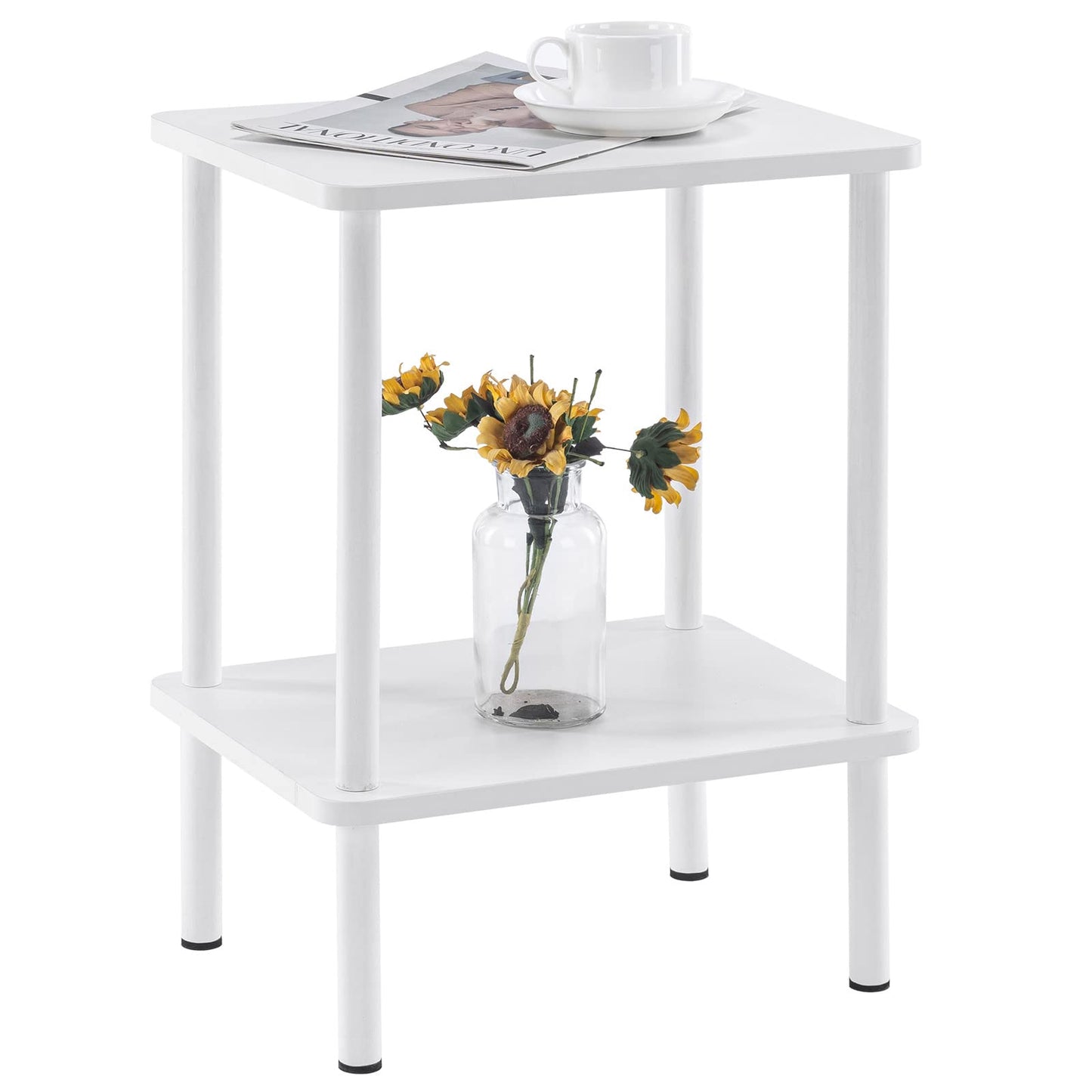 Apicizon 2 Tier End Table, Small Side Table with Solid Wood Legs, Boho Bedside Table with Storage Shelf, Nightstand for Small Spaces, Bedroom, Living Room, Entryway, Farmhouse, Easy Assembly, White