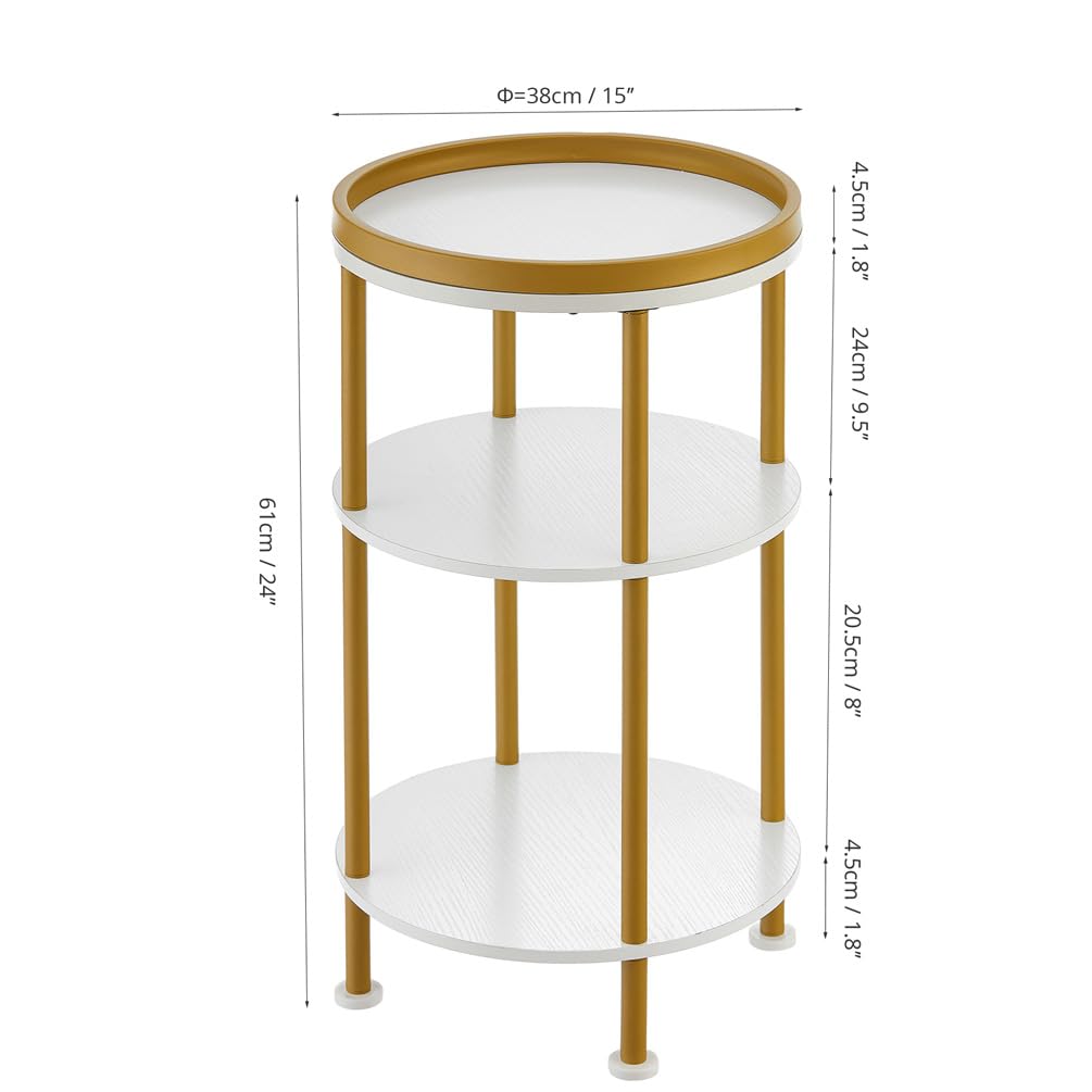 Small Round Side Table, Gold Round End Table with White Shelves, 3-Tier Modern Nightstand for Bedroom & Living Room, 21.7" H Narrow Gold Accent Table for Small Spaces, Dorm, Nursery (White & Gold)