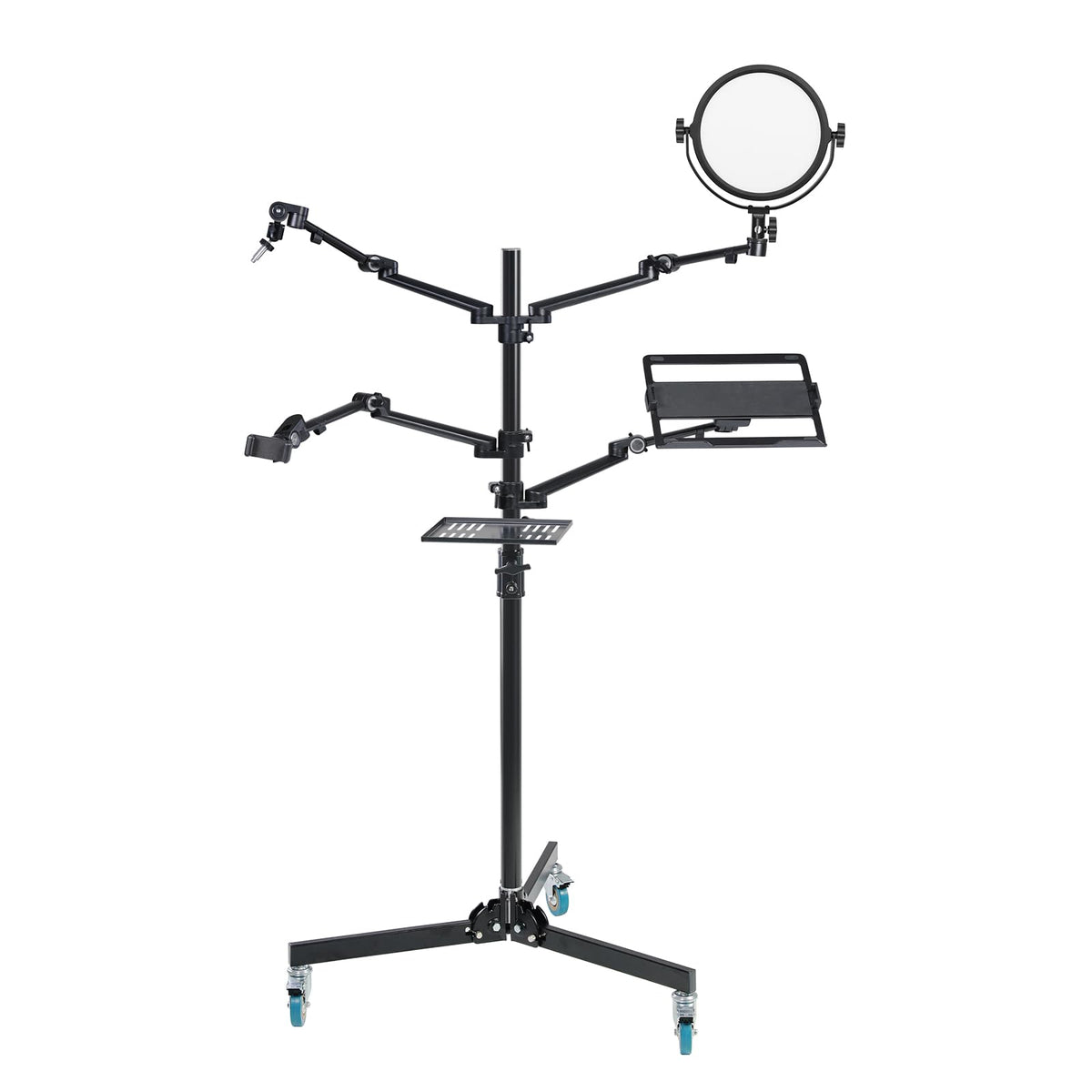 GVM 5-in-1 Movable Live Streaming Floor Stand Kit with Wheels, Overhead Camera Mount with 10" LED Key Light/Mic Boom Arm/Tablet Laptop Phone Stand/Tray for Live Broadcast Podcast Video Recording Game