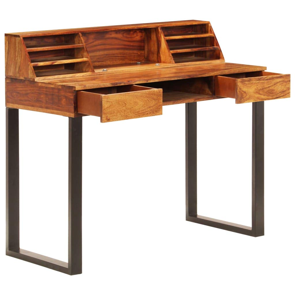 KHNLGFR Solid Acacia Wood Desk with 2 Drawers, Bookshelves and Keyboard Shelf, 43.3"x19.7"x37" Writing Computer Desk with Steel Legs for Home Office