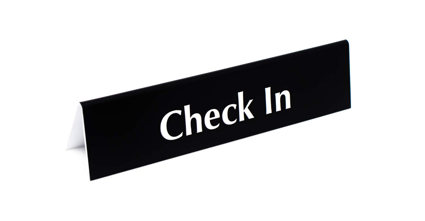 Check In Sign | Reception Desk & Lobby Counter Signs | Waiting Room Signage | Laser Engraved & Double Sided | 9” x 2” Black Acrylic | Made In USA