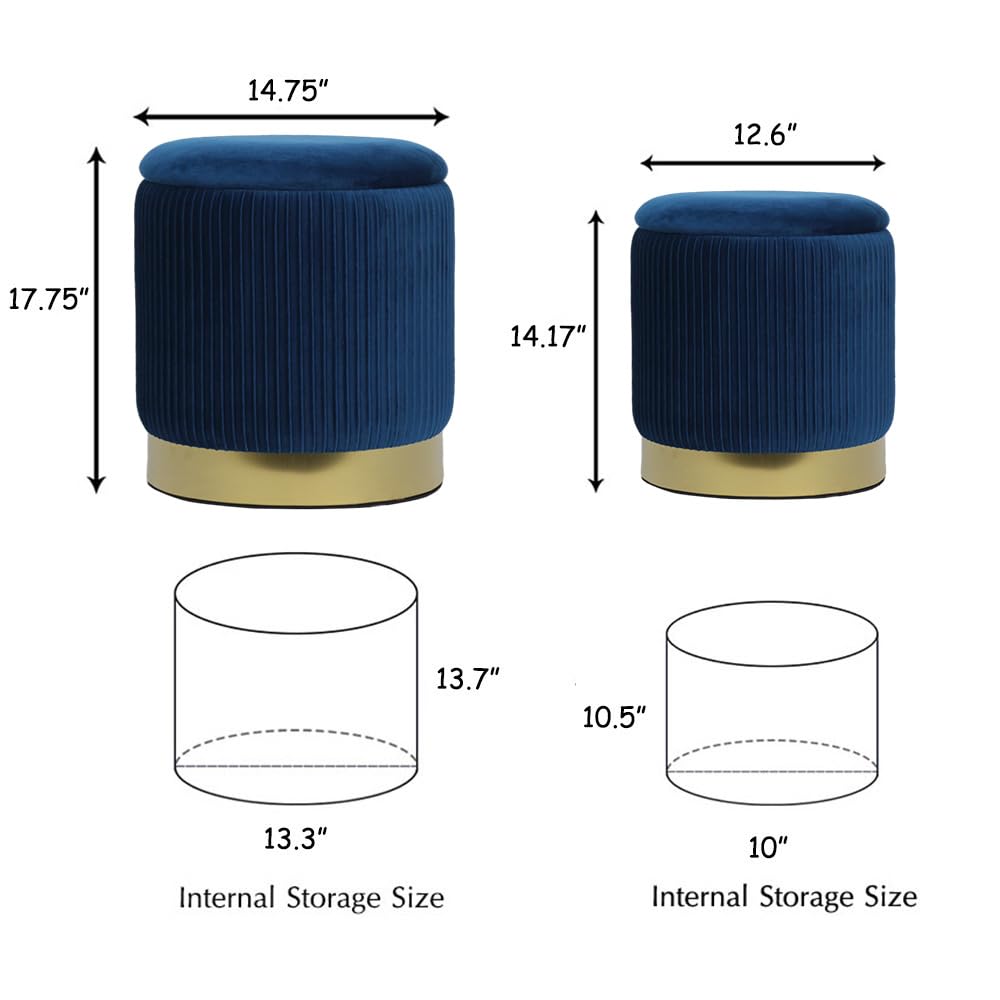 2BYF Blue Round Ottoman with Storage Set of 2 Upholstered Velvet Vanity Stool for Living Room Small Ottoman Coffee Table with Removable Lid Foot Stool for Living Room, Bedroom, Hallway, Assembly Free