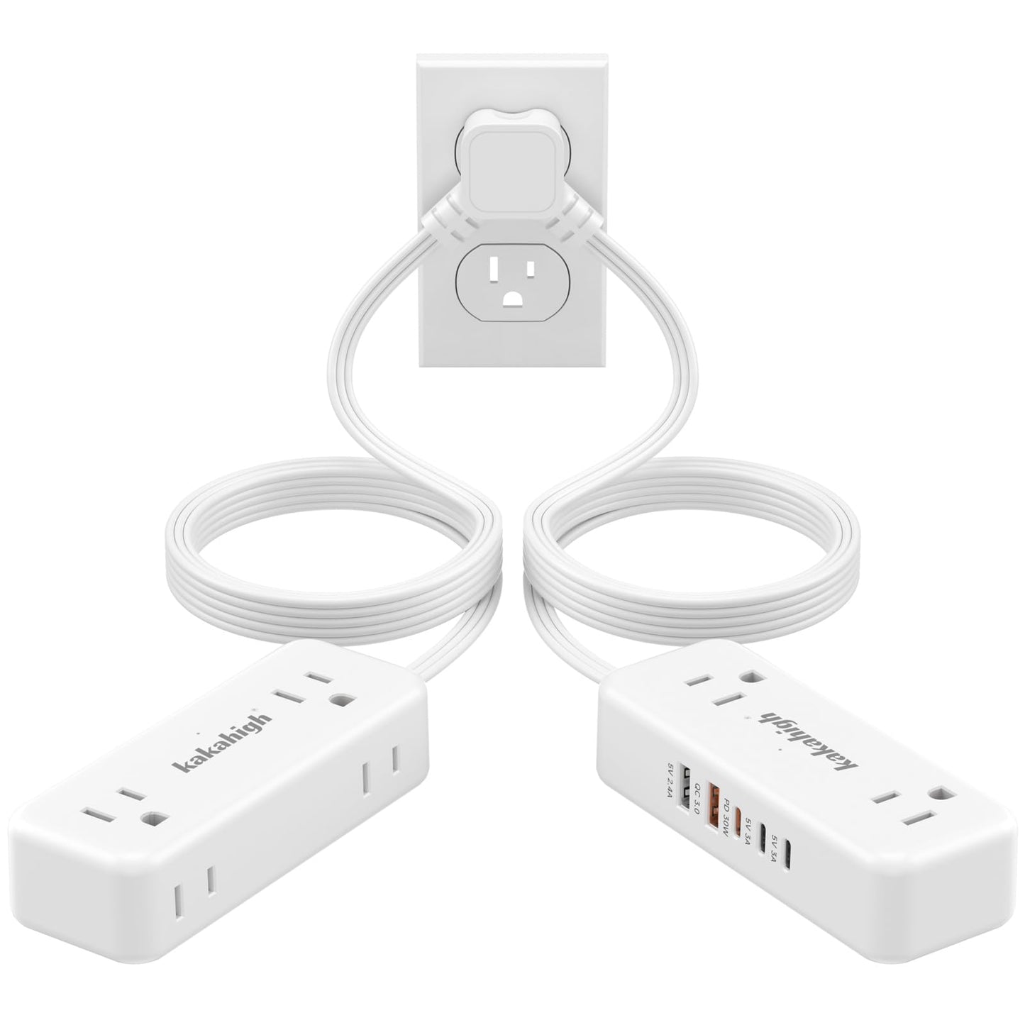 PD30W Split Extension Cord 10FT (5FT on Each Side), Single Flat Plug Twin Extension Cord with 4 AC Outlets, 2 USB-A & 3 USB-C, Nightstand Charging Station for Bedroom, His and Hers