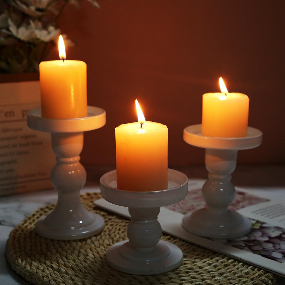 BTGLLAS 3-Piece Set of White Glass Candlestick, Crystal Candlestick Holder Holder and Conical Candle, Christmas Candle Holder Decoration, Family Living Room Wedding Candle Holder (white1set)