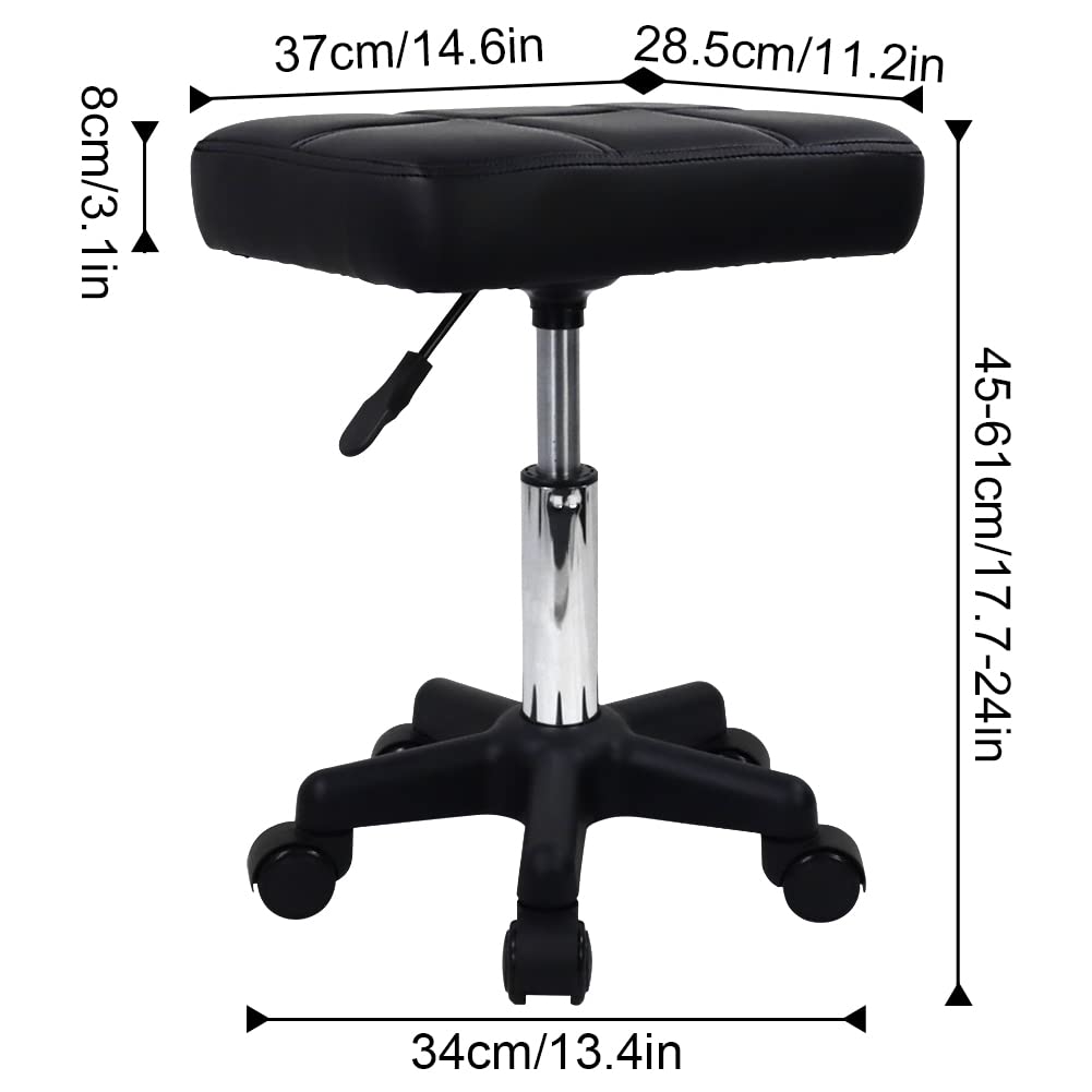 FURWOO Rectangle Rolling Stool with Wheels Height Adjustable Swivel Stool Chair for Spa Salon Massage Black
