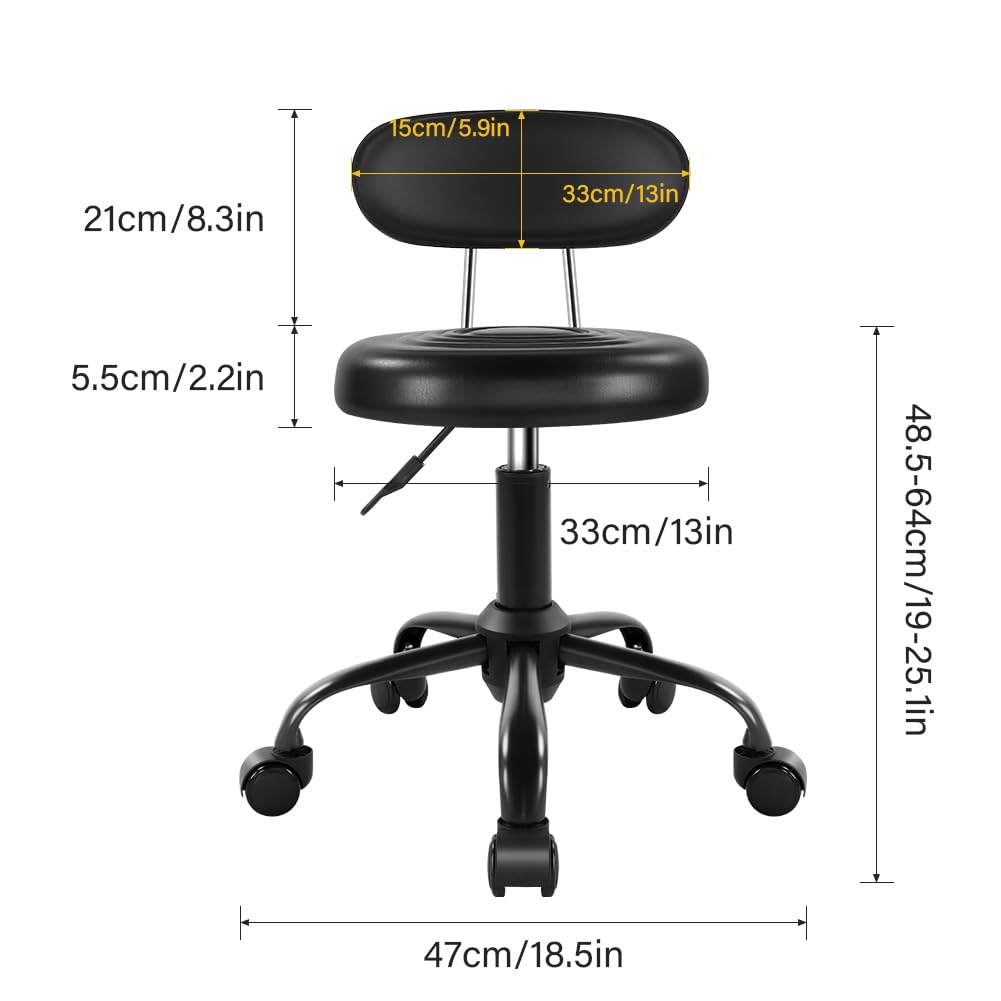 WKWKER Rolling Stool with Wheels Swivel Stool with Back Height Adjustable Chair PU Leather Rolling Chair Ideal for SPA Salon Home Office Drafting Work (Black)