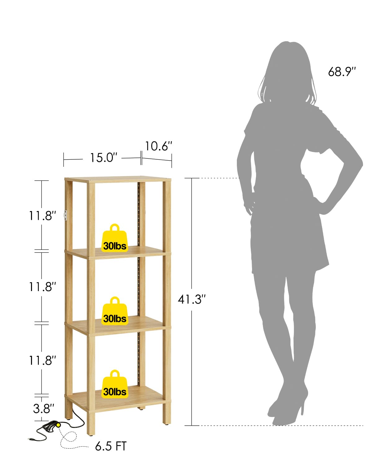 Apetaccat Open Book Shelf with LED Lights, 4 Tier Small Bookshelf, Freestanding Shelf Narrow Bookcase with Open Shelves, 14.96" x 10.63" x 41.26", Book Shelves for Living Room, Office, Study, Oak