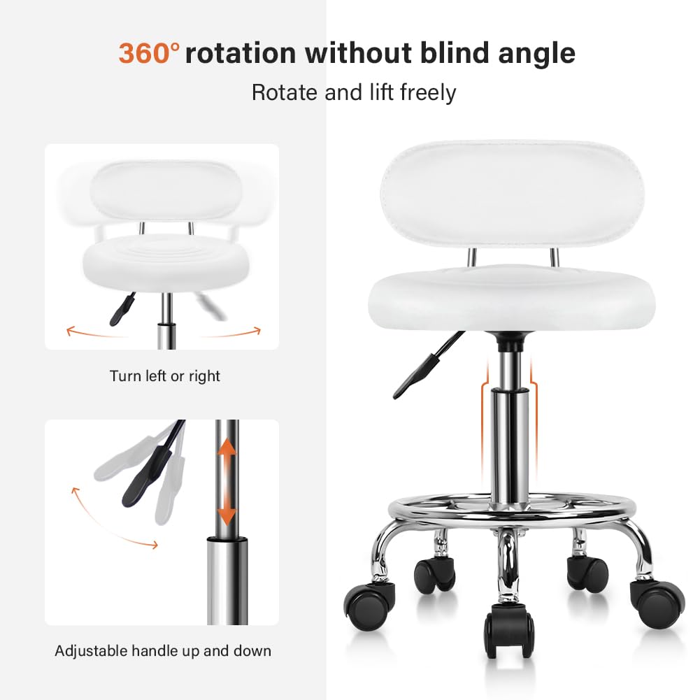 KKTONER PU Leather Modern Rolling Stool with Low Back Height Adjustable Work Salon Drafting Swivel Task Chair with Footrest (White)