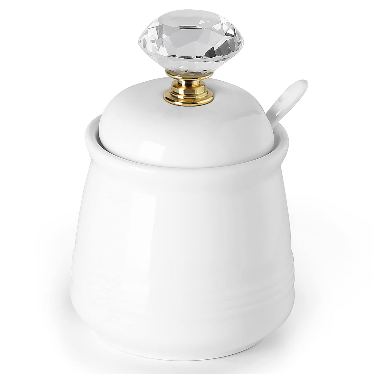 ONTUBE Ceramics Sugar Bowl with Crystal Lid and Spoon 12oz, Gold