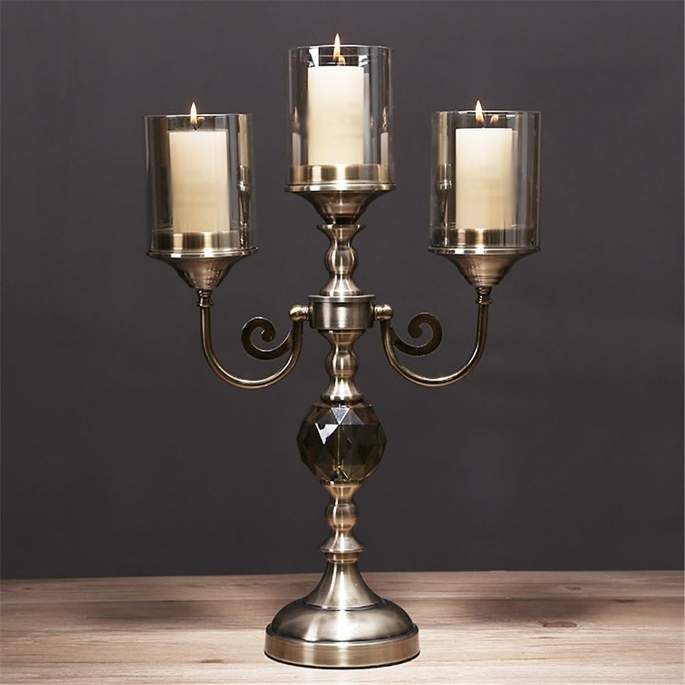 Candlestick Holders Retro Metal Glass Three-Head Candlestick Light Luxury Home Decoration Ornaments Candle Holder Candle Holders(Large)