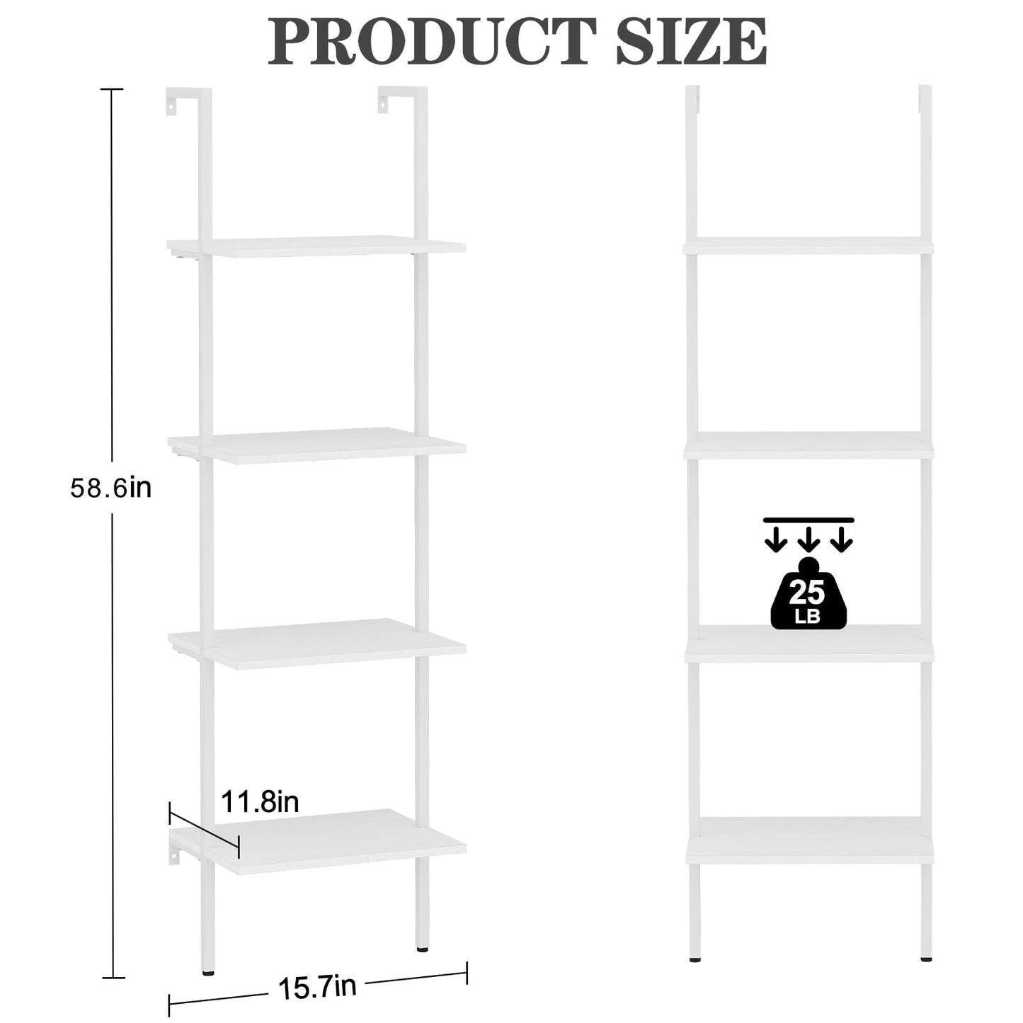 Wolawu Ladder Shelf 4 Tiers Metal Industrial Bookshelf,White Wooden Tall Open Storage Rack and Display Shelves,Wall Mount Wide Bookcase for Home Office Bedroom,Small
