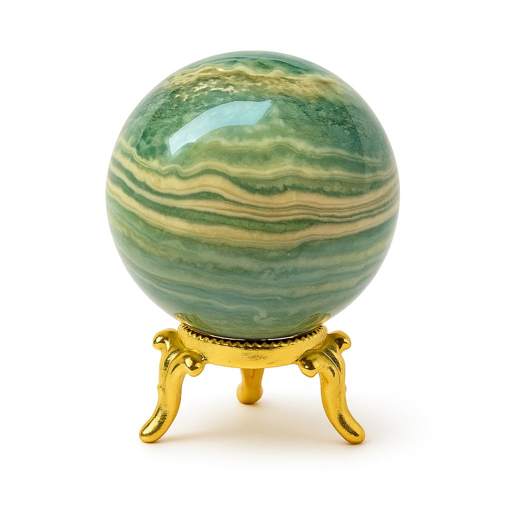 WholesaleGemShop Natural Green Ocean Jasper Quartz 40-45 mm Ball Sphere with Stand Gemstone A+ Hand Carved Crystal Altar Healing Devotional Spiritual Chakra Cleansing Metaphysical Gift for Men Women