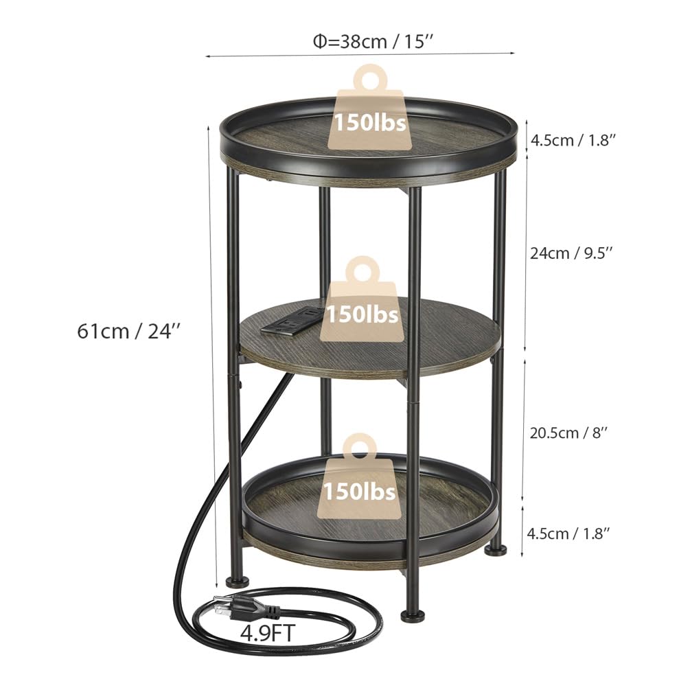 Dulcii Round Side Table with Charging Station, End Table with 3 Shelves for Living Room, Bedroom Nightstand with Steel Frame for Small Spaces, Industrial Round Sofa Table (USB+Grey)