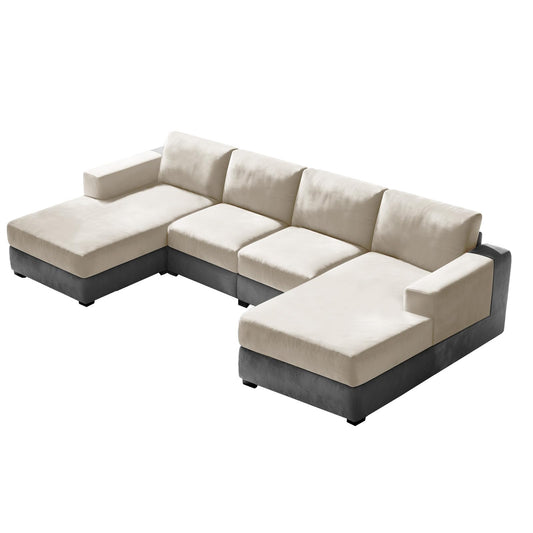 10 Pieces Sofa Cushion Covers for U-Shaped Modular Sectional Couch with 4 Seat+4 Back+2 Arms, Stretch Velvet Upholstered Covers for Sofa Bed with Deep Double Chaise (Beige,Universal (10 Pieces))
