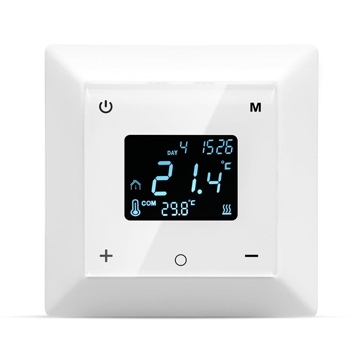 Touchscreen Programmable Thermostat for Electric Floor Heating System, 7-day Timing Settings Backlight LCD Display Safety Lock Automatic Calibration Low Temperature Protection NTC Floor & Air Sensing