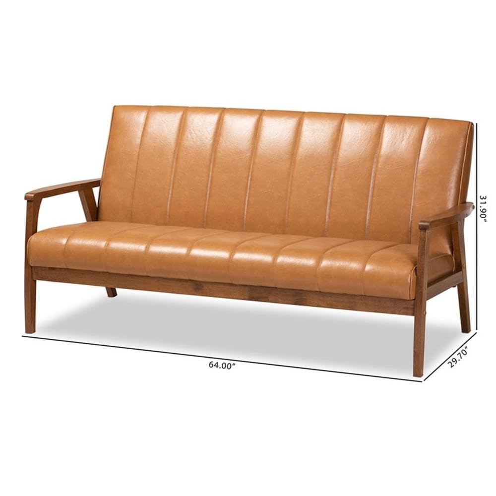 Baxton Studio Nikko Mid-century Modern Tan Faux Leather Upholstered and Walnut Brown finished Wood Sofa