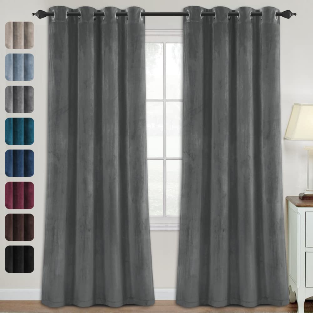 H.VERSAILTEX Velvet Curtains for Living Room Thermal Insulated Luxury Drapes for Bedroom Super Soft Room Darkening Curtains for Theatre Window Treatment Grommet 2 Panels, W52 x L84 Inch, Grey