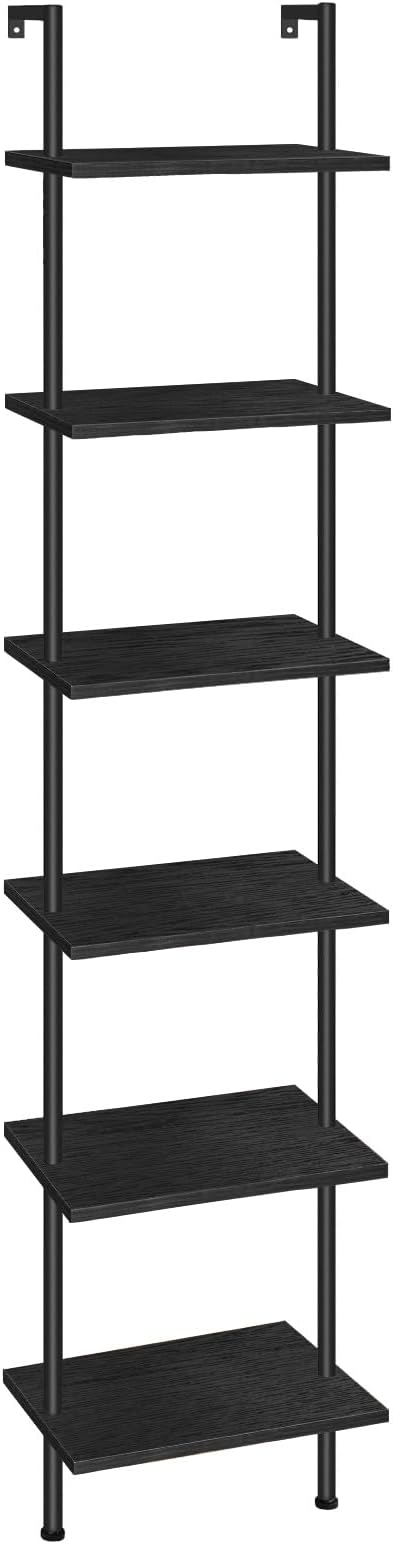 HOOBRO DIY Ladder Shelf, 6-Tier Wooden Wall Mounted Bookshelf, Narrow Bookcase