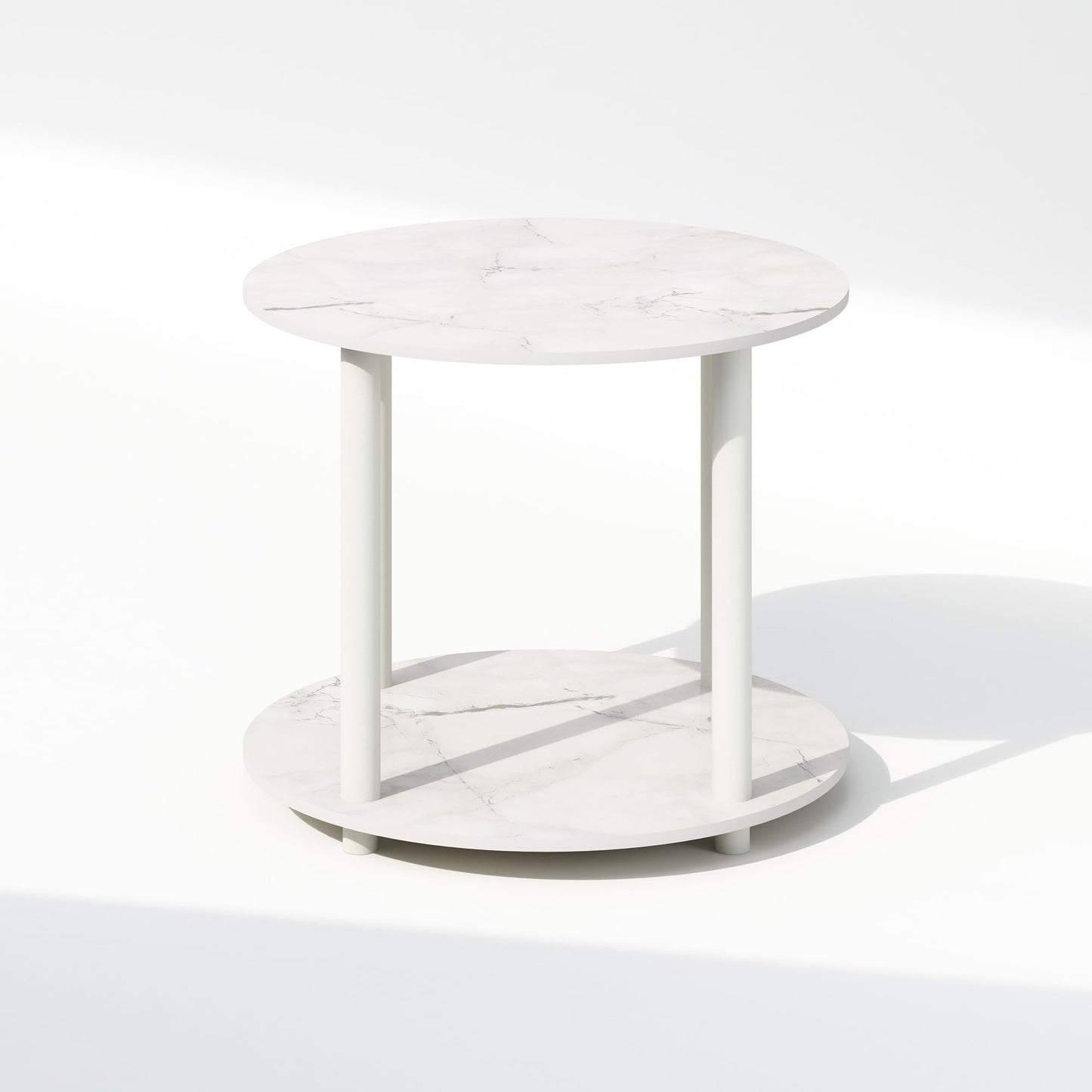 Furinno Turn-N-Tube Side Table, 2-Tier Round End Table with Open Shelf, Night Stand, Bedside Table, Toolless Assembly, for Living Room, Bedroom, Marble White