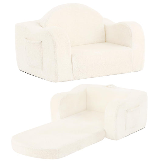 Tiita Kids Chairs for Toddler, 2-in-1 Toddler Soft Sherpa Couch Fold Out, Convertible Sofa to Lounger for Girls and Boys, Beige