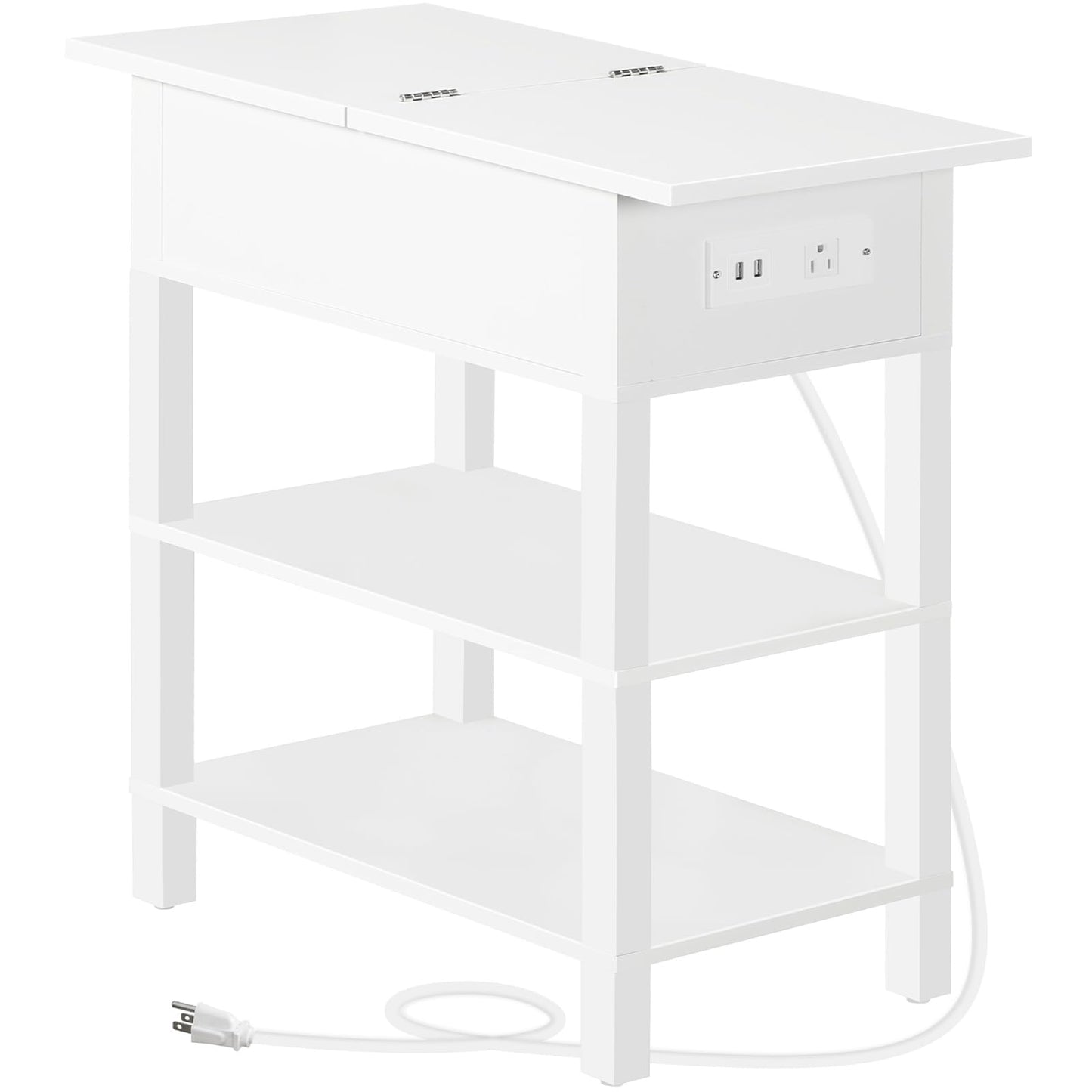 HOOBRO End Table with Charging Station, Flip Top Side Table with USB Ports, Narrow Nightstand Bedside Tables with Storage Shelves, for Small Space, Living Room, White WT141UBZ01