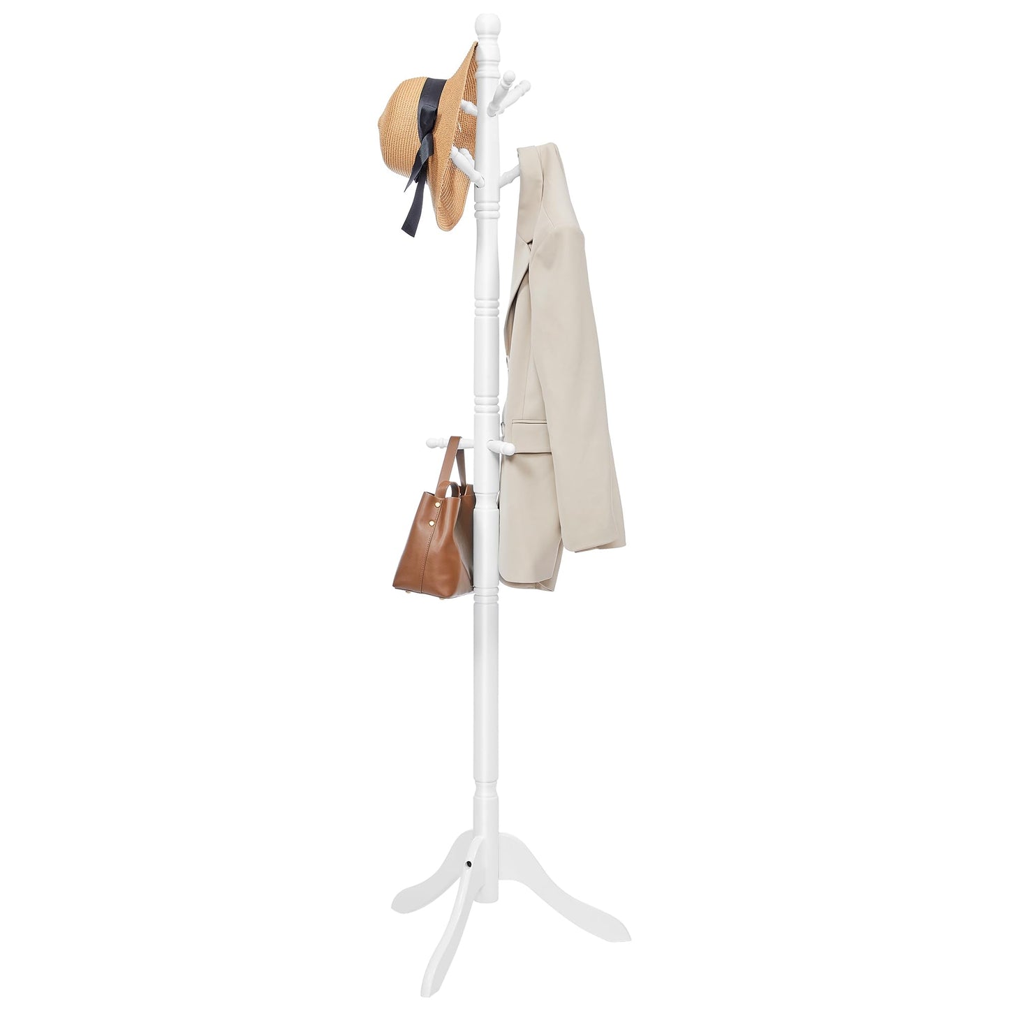 VASAGLE Solid Wood Coat Rack and Stand, Free Standing Hall Coat Tree with 10 Hooks for Hats, Bags, Purses, for Entryway, Hallway, Rubberwood, Cloud White URCR03WT