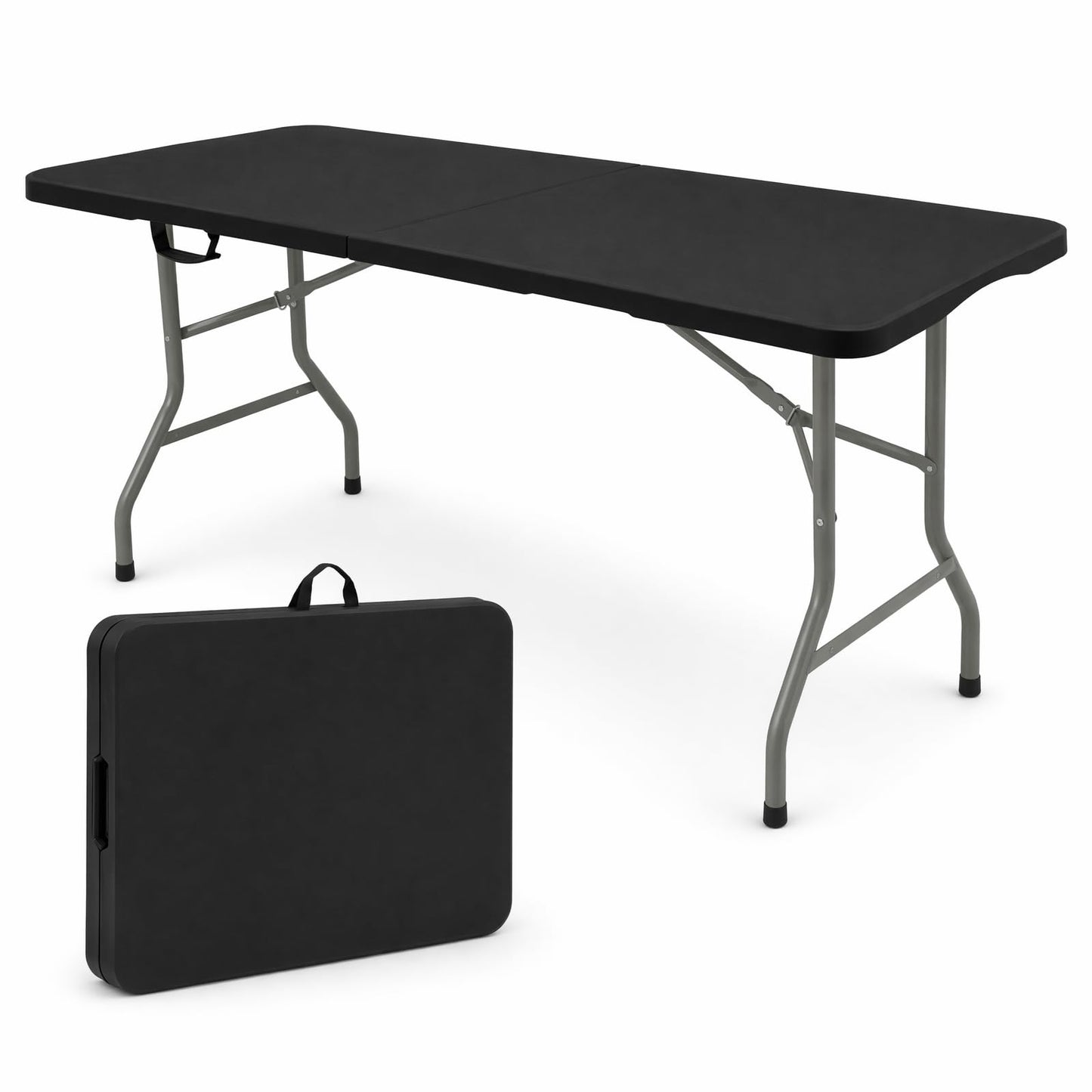 HAISIWLKJ Folding Table 6 FT Lightweight Camping Table Black Portable Plastic Rectangular Outdoor Dining Table Steel Legs Fold-in-Half with Carrying Handle for Indoor,Picnic,Party,Wedding,Events