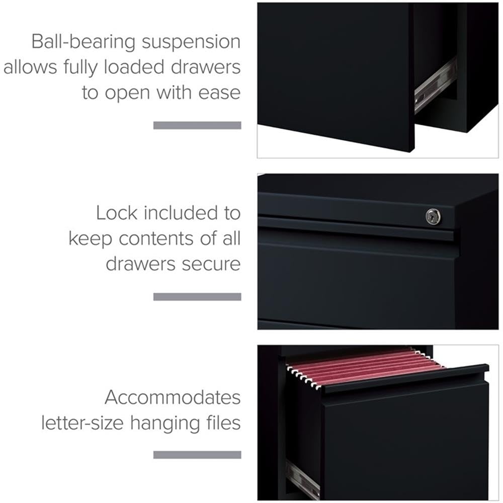 Hirsh Industries 3-Drawer Metal Mobile Pedestal, 20" Deep Box/Box/File Configuration, Black Finish, 27.75" H x 15" W x 19.88" D, Locking File Cabinet with Hidden Casters, Office Storage Solution