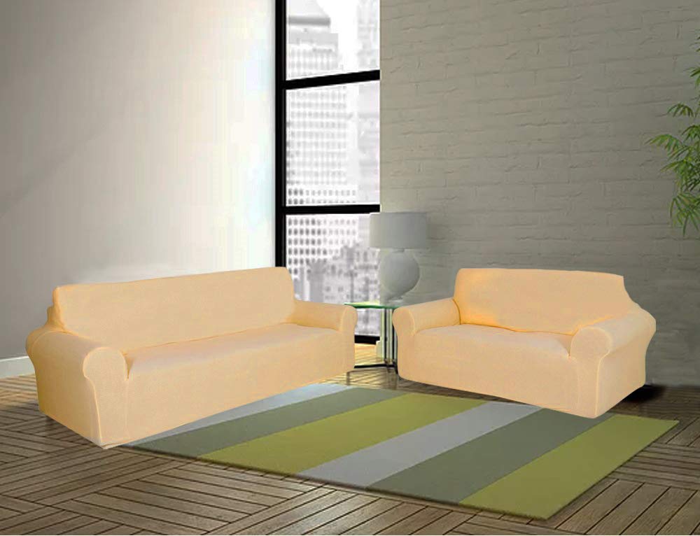 Sapphire Home 2-Piece Sofa and Loveseat Slipcovers, Couch and Loveseat Covers Set, Form fit Stretch, Wrinkle Free, Furniture Protector, Premium Brushed Sofa Covers for Living Room (Beige/Cream)