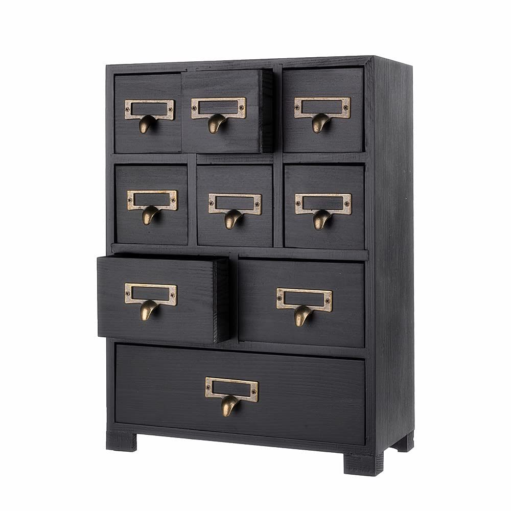PACKGILO Apothecary Cabinet with 9 Drawers & Labels Rustic Library Card Catalog Cabinet Desktop Wooden Storage Box for Organize Herbal、Tea Bag、Jewelry (Black)